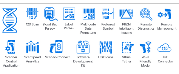 CS60-HC 系列便携扫描器 DNA 图标：DataCapture DNA、123 Scan、Blood Bag Parse+、Label Parse+、多条码扫描、Preferred Symbol、PRZM 智能成像、远程诊断、远程管理、扫描器控制应用程序、ScanSpeed Analytics、Scan-to-Connect、软件开发工具包、UDI Scan+、虚拟围栏、WiFi 友好模式