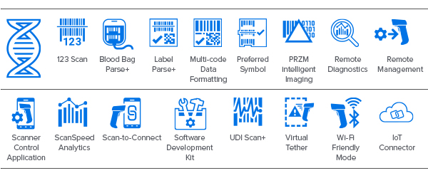 CS60 系列便携扫描器 DNA 图标：DataCapture DNA、123 Scan、Blood Bag Parse+、Label Parse+、Multi-code Data Formatting、Preferred Symbol、PRZM 智能成像、远程诊断、远程管理、扫描器控制应用程序、ScanSpeed Analytics、Scan-to-Connect、软件开发工具包、UDI Scan+、虚拟围栏、WiFi 友好模式