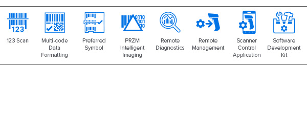 MP7000 扫描仪量具 DNA 移动图标：123Scan、多代码数据格式化、Preferred Symbol、PRZM 智能成像、远程诊断、远程管理、扫描仪控制应用程序、软件开发工具包 (SDK)