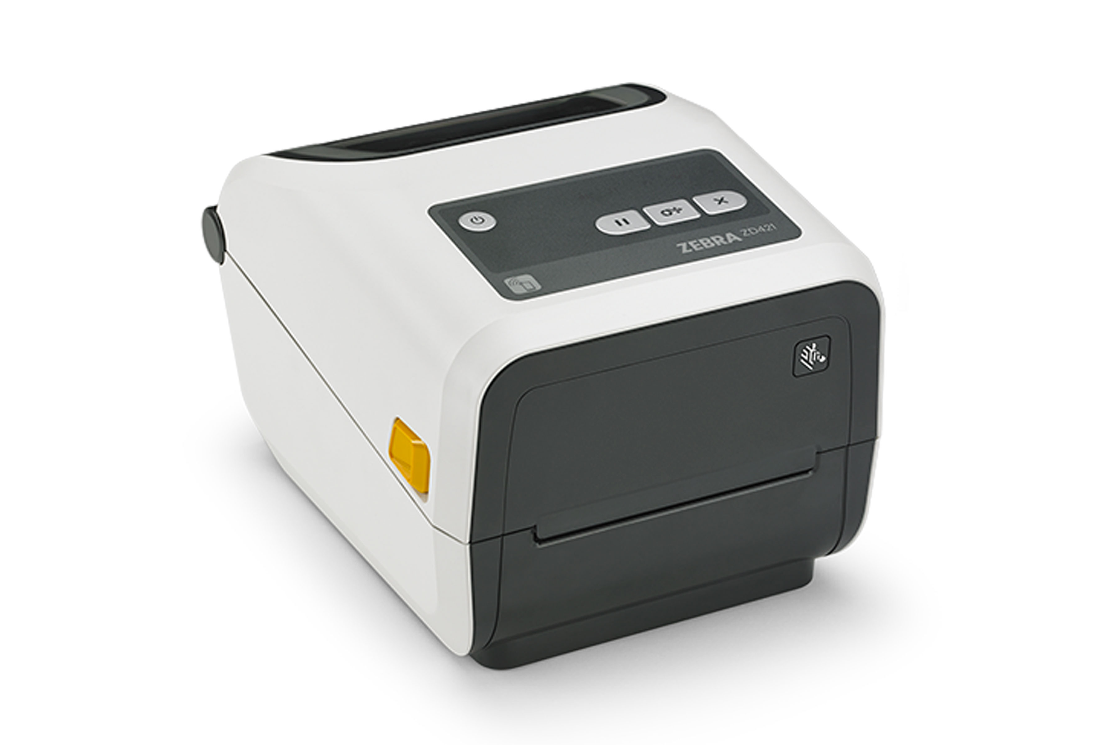 Front right view of a Zebra ZD421-HC label desktop printer for healthcare