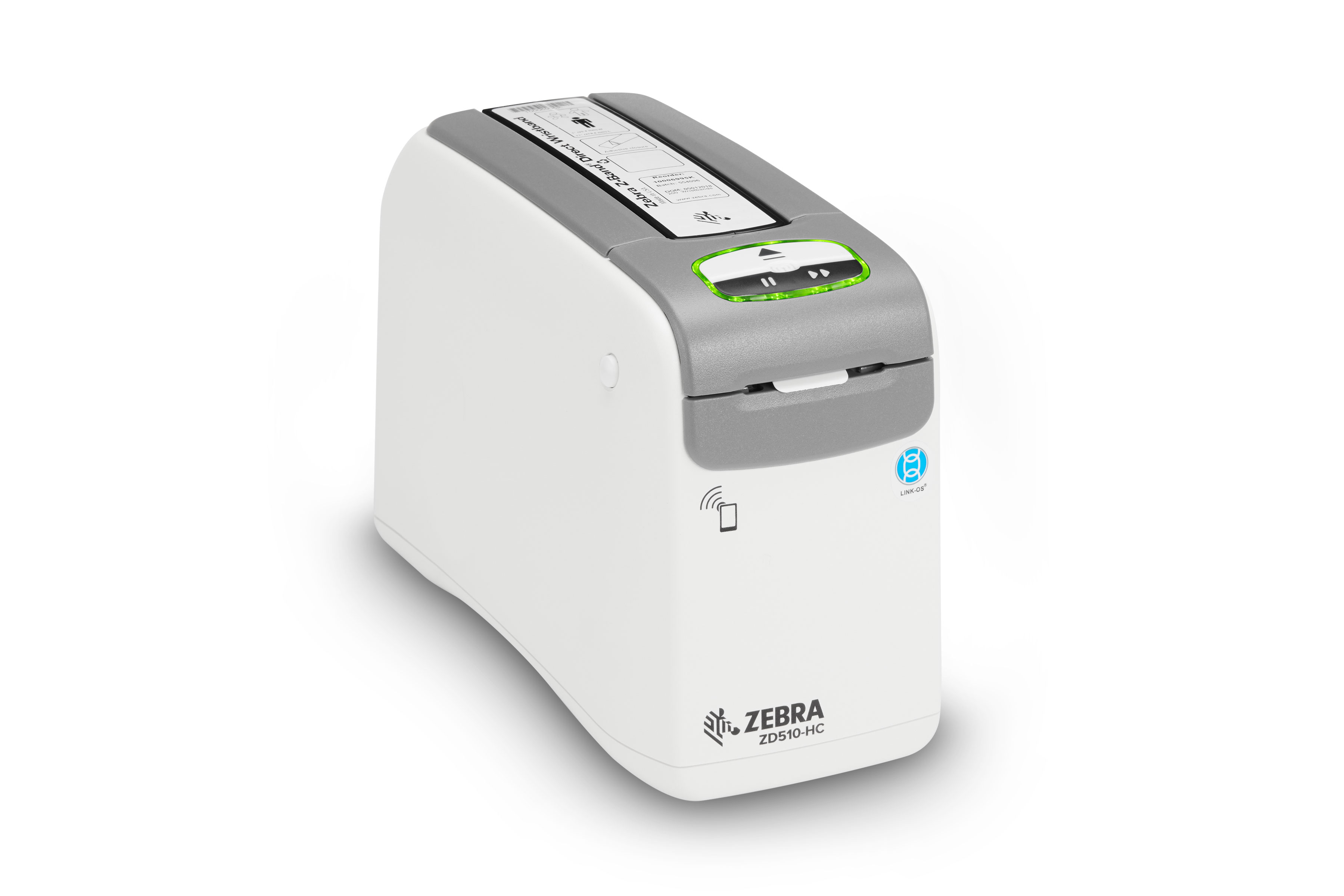 Top right view of a Zebra ZD510-HC Wristband printer for healthcare