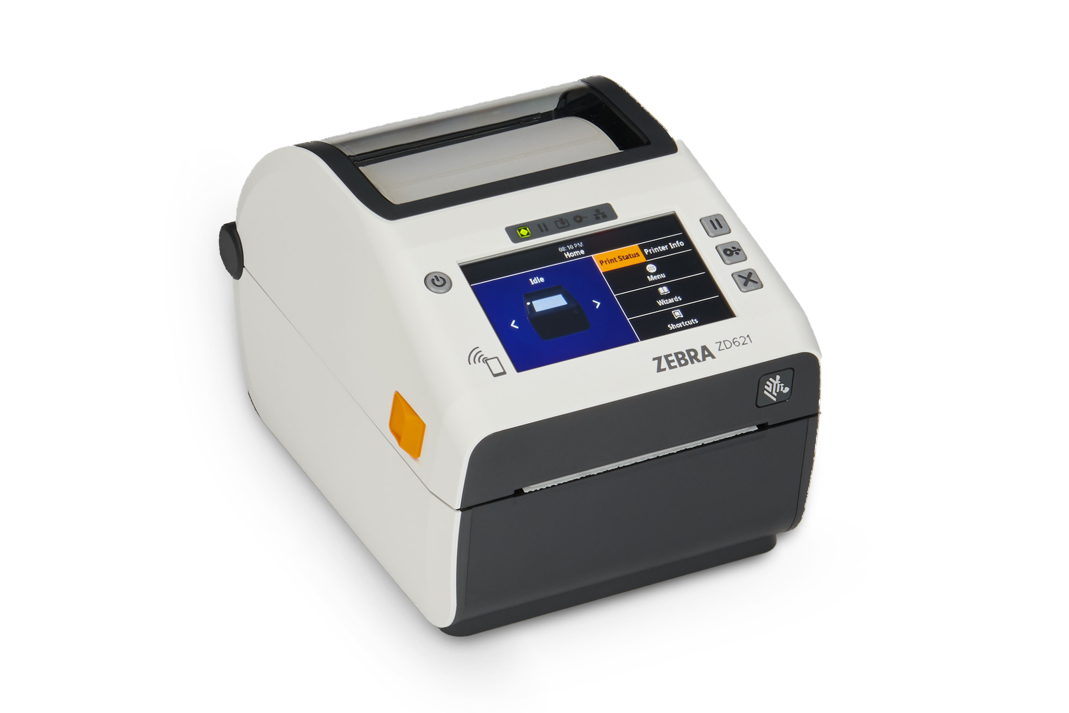 Front right view of a Zebra ZD621-HC label desktop printer for healthcare