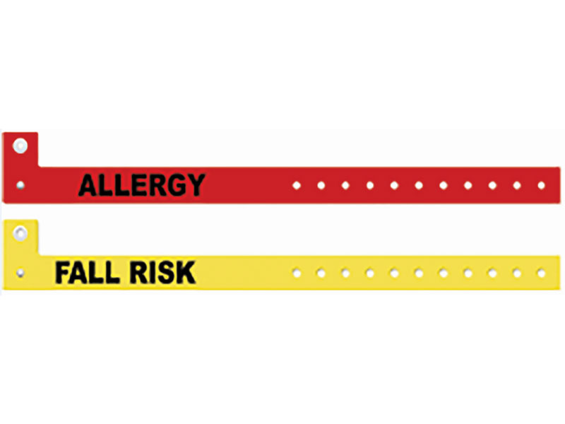 Red alert wristband that says "Allergy" and a yellow alert wristband that says "Fall Risk"
